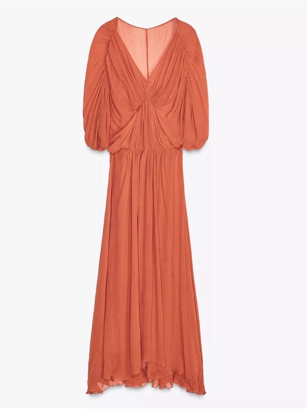 Zara Draped Chiffon Maxi Dress Rust Orange M